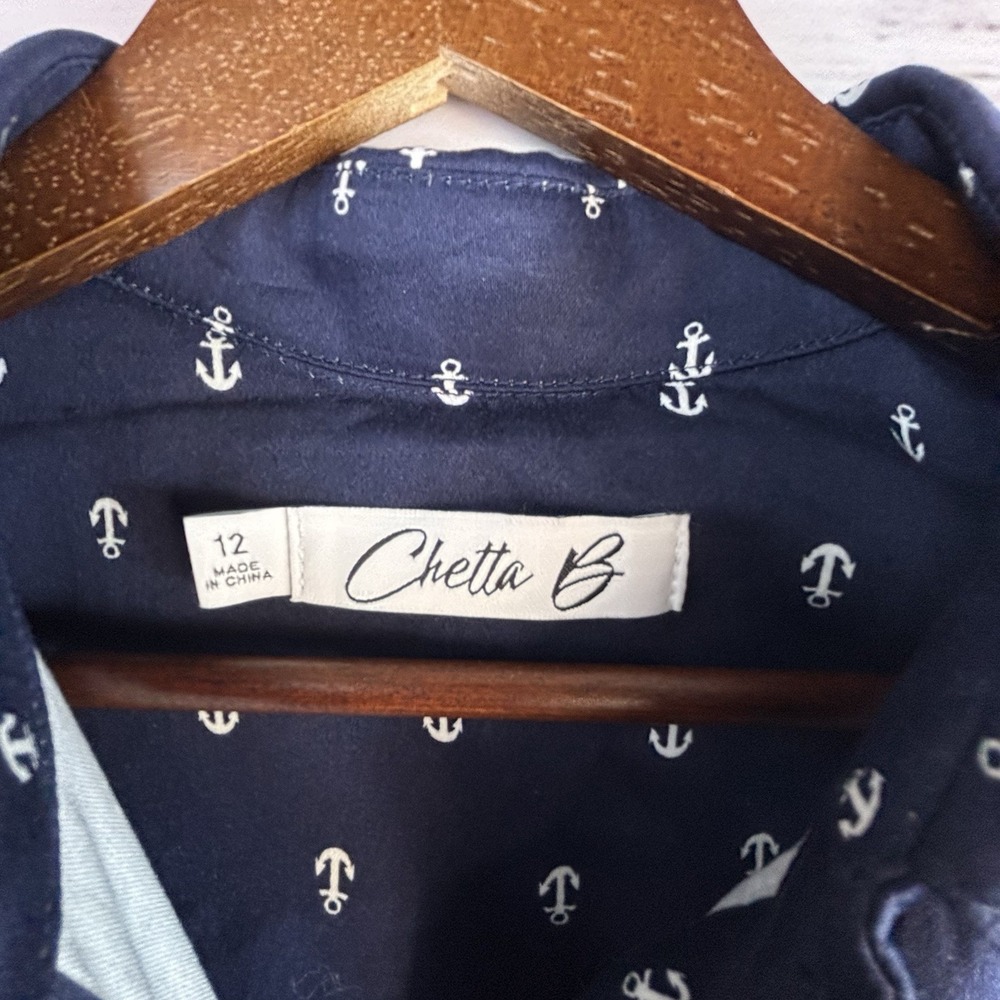 Nautical Sleeveless Shirt Dress 12 Nautical Anchor Print Cotton Midi Navy Blue - Picture 4 of 9